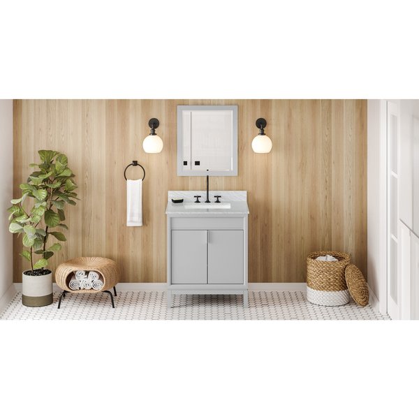 Jeffrey Alexander 30In. Grey Theodora Vanity, White Carrara Marble Vanity Top, Undermount Rectangle Bowl VKITTHE30GRWCR